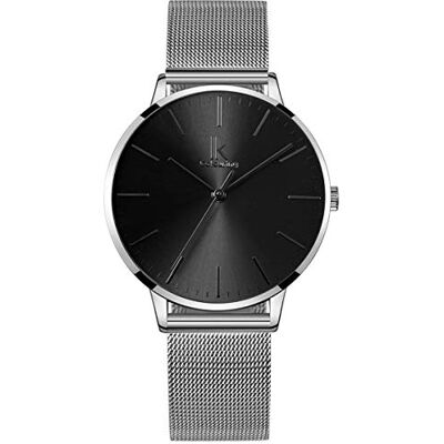 Alienwork Montre Femme Argent Bracelet Maille Noir Très Mince Alienwork Montre Femme Argent Bracelet Maille Noir Très Mince