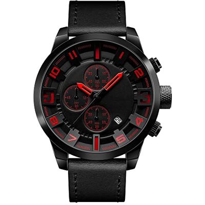 FeiWen Montre à quartz analogique tendance pour homme en acier inoxydable avec bracelet en cuir Style décontracté Date chronomètre, rouge, sangle FeiWen Montre à quartz analogique tendance pour homme en acier inoxydable avec bracelet en cuir Style décontracté Date chronomètre, rouge, sangle