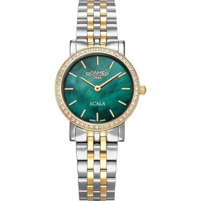 Roamer Scala 976830 47 70 50 Montre pour femme, en acier inoxydable, 28 mm, bracelet en acier inoxydable, couleur : or/argent, 3 bar, cadran vert Roamer Scala 976830 47 70 50 Montre pour femme, en acier inoxydable, 28 mm, bracelet en acier inoxydable, couleur : or/argent, 3 bar, cadran vert