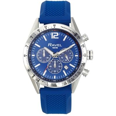Ravel Pro Montre chronographe ronde en acier inoxydable avec date Étanche jusqu'à 100 m Quartz Analogique RPR, Bracelet en silicone bleu/cadran bleu, Sangle Ravel Pro Montre chronographe ronde en acier inoxydable avec date Étanche jusqu'à 100 m Quartz Analogique RPR, Bracelet en silicone bleu/cadran bleu, Sangle