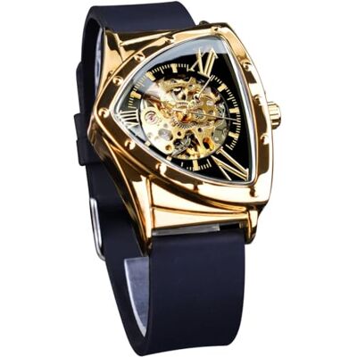 FORSINING Montre squelette pour homme, montre mécanique automatique avec cadran triangulaire, montre lumineuse à remontage automatique, bracelet en silicone souple, Doré FORSINING Montre squelette pour homme, montre mécanique automatique avec cadran triangulaire, montre lumineuse à remontage automatique, bracelet en silicone souple, Doré