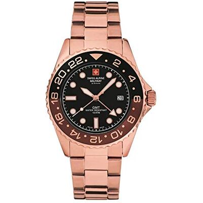 Alpine GMT 7052 Montre analogique à quartz pour homme en acier inoxydable, Rose/marron/noir/noir 1164sam, Bracelet Alpine GMT 7052 Montre analogique à quartz pour homme en acier inoxydable, Rose/marron/noir/noir 1164sam, Bracelet