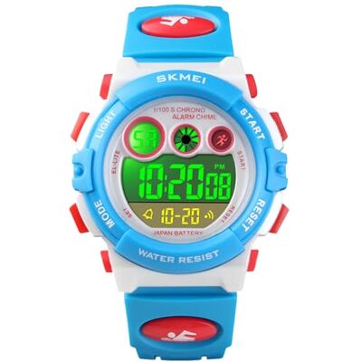 Alienwork Montre numérique pour enfant Étanche 5 ATM, blanc/bleu/blanc rouge/bracelet en caoutchouc bleu, lanière Alienwork Montre numérique pour enfant Étanche 5 ATM, blanc/bleu/blanc rouge/bracelet en caoutchouc bleu, lanière