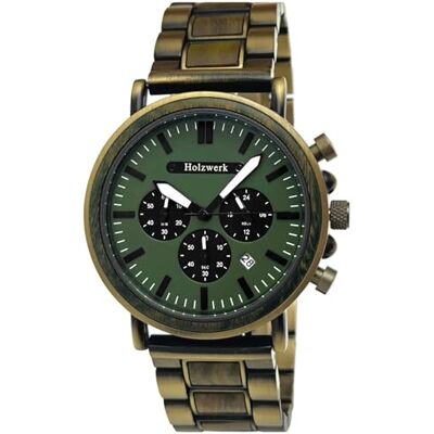 Holzwerk Germany Montre design pour homme fabriquée à la main En bois naturel Chronographe Analogique Vert, or, marron Cadran en bois, Doré/vert, Bracelet Holzwerk Germany Montre design pour homme fabriquée à la main En bois naturel Chronographe Analogique Vert, or, marron Cadran en bois, Doré/vert, Bracelet