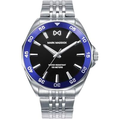 Mark Maddox Montre homme HM1022-57 Analogique en acier inoxydable argenté avec cadran noir et lunette bleue, argent métallique Mark Maddox Montre homme HM1022-57 Analogique en acier inoxydable argenté avec cadran noir et lunette bleue, argent métallique