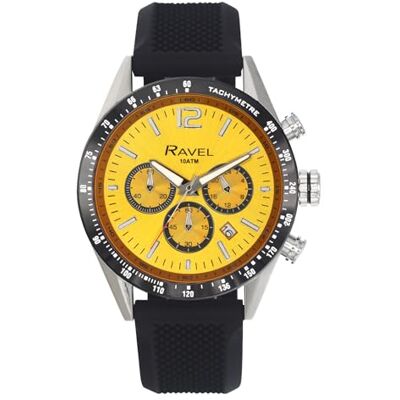 Ravel Pro Montre chronographe ronde en acier inoxydable avec date Étanche jusqu'à 100 m Quartz Analogique RPR, Bracelet en silicone noir/cadran jaune, Sangle Ravel Pro Montre chronographe ronde en acier inoxydable avec date Étanche jusqu'à 100 m Quartz Analogique RPR, Bracelet en silicone noir/cadran jaune, Sangle