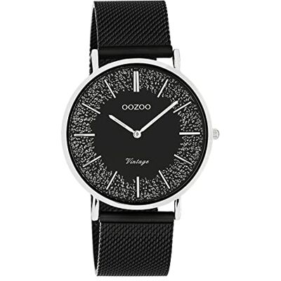 Oozoo Montre plate vintage pour femme avec bracelet en métal milanais en acier inoxydable Glitter Line avec éléments scintillants dans le cadran 40 mm Oozoo Montre plate vintage pour femme avec bracelet en métal milanais en acier inoxydable Glitter Line avec éléments scintillants dans le cadran 40 mm