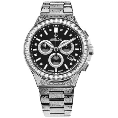 LOUIS XVI Le Monarque Royale Montre chronographe pour homme 42 mm Mouvement à quartz suisse Bracelet en acier inoxydable Argenté/doré Cadran noir Diamants CZ, Argenté/noir glacé, Bracelet LOUIS XVI Le Monarque Royale Montre chronographe pour homme 42 mm Mouvement à quartz suisse Bracelet en acier inoxydable Argenté/doré Cadran noir Diamants CZ, Argenté/noir glacé, Bracelet