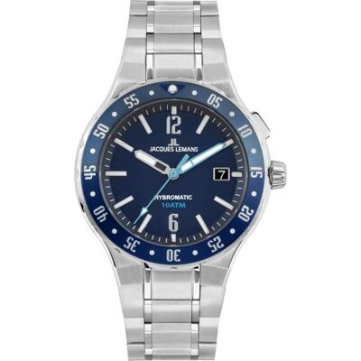 JACQUES LEMANS Montre pour Homme Hybromatic Chronographe en Acier Inoxydable Massif avec Bracelet en Silicone Modèle 1-2109, Argent/Bleu, taille unique, Bracelet JACQUES LEMANS Montre pour Homme Hybromatic Chronographe en Acier Inoxydable Massif avec Bracelet en Silicone Modèle 1-2109, Argent/Bleu, taille unique, Bracelet