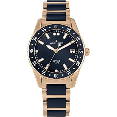 JACQUES LEMANS Liverpool Montre pour homme en acier inoxydable massif et céramique high-tech 42-10, noir, or rose, Bracelet JACQUES LEMANS Liverpool Montre pour homme en acier inoxydable massif et céramique high-tech 42-10, noir, or rose, Bracelet