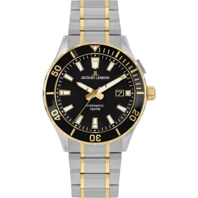JACQUES LEMANS Hybromatic Montre chronographe pour homme en acier inoxydable massif avec bracelet en cuir silicone Modèle 1-2131 JACQUES LEMANS Hybromatic Montre chronographe pour homme en acier inoxydable massif avec bracelet en cuir silicone Modèle 1-2131