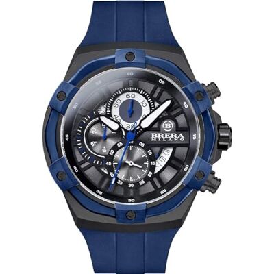 BRERA OROLOGI Montre Chronographe à Quartz Brera Milano Men's Supersport Evo 45 mm, Boîtier en Acier Noir, Cadran Noir Lunette Bleue, Bracelet en Caoutchouc Naturel Bleu, Fermoir Noire BRERA OROLOGI Montre Chronographe à Quartz Brera Milano Men's Supersport Evo 45 mm, Boîtier en Acier Noir, Cadran Noir Lunette Bleue, Bracelet en Caoutchouc Naturel Bleu, Fermoir Noire