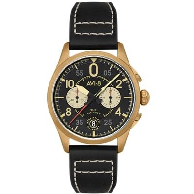 AVI-8 Spitfire AV-4089 Montre chronographe à quartz japonais avec bracelet en cuir pour homme 42 mm, Noir vide, Chronographe Lock AVI-8 Spitfire AV-4089 Montre chronographe à quartz japonais avec bracelet en cuir pour homme 42 mm, Noir vide, Chronographe Lock