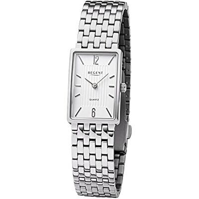 REGENT Montre pour femme avec bracelet en titane et boucle déployante, boîtier carré plat en titane, 20 mm de diamètre, chiffres arabes, Argenté/blanc, Classique REGENT Montre pour femme avec bracelet en titane et boucle déployante, boîtier carré plat en titane, 20 mm de diamètre, chiffres arabes, Argenté/blanc, Classique