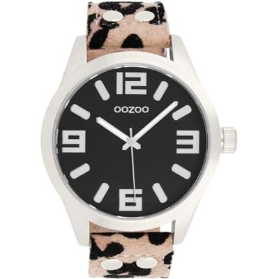 Oozoo C0901 Montre pour femme avec boîtier en métal argenté, cadran noir, bracelet look léopard, mouvement à quartz japonais, verre minéral 46 mm Oozoo C0901 Montre pour femme avec boîtier en métal argenté, cadran noir, bracelet look léopard, mouvement à quartz japonais, verre minéral 46 mm
