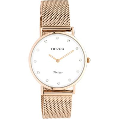 Oozoo Montre vintage pour femme Montre pour femme avec bracelet en maille de 16 mm Analogique Ronde, or rose/blanc, Bracelet Oozoo Montre vintage pour femme Montre pour femme avec bracelet en maille de 16 mm Analogique Ronde, or rose/blanc, Bracelet