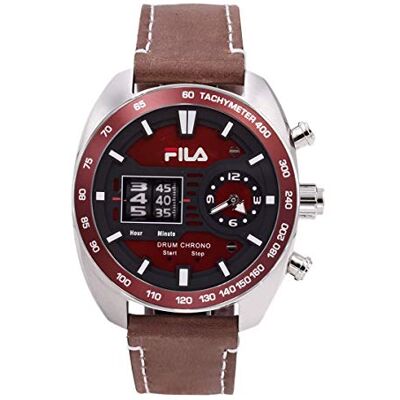 FILA Drum Roller 38-846 Montre pour homme en cuir 45 mm, Argenté/marron/rouge 002, bracelet FILA Drum Roller 38-846 Montre pour homme en cuir 45 mm, Argenté/marron/rouge 002, bracelet