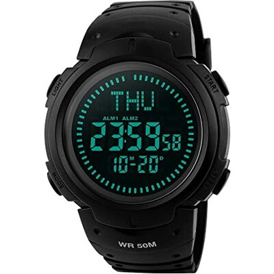 TONSHEN Montre boussole étanche 50 m Multifonction Pour l'extérieur Tactique Sport LED 12 h 24 h Horloge mondiale 3 alarmes En plastique Chronomètre Compte à rebours Lumière EL, Noir , sangle TONSHEN Montre boussole étanche 50 m Multifonction Pour l'extérieur Tactique Sport LED 12 h 24 h Horloge mondiale 3 alarmes En plastique Chronomètre Compte à rebours Lumière EL, Noir , sangle