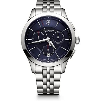 Victorinox Alliance Montre chronographe pour homme analogique à quartz étanche Diamètre du boîtier 44 mm Bracelet 21 mm 168 g, argent/bleu, Bracelet Victorinox Alliance Montre chronographe pour homme analogique à quartz étanche Diamètre du boîtier 44 mm Bracelet 21 mm 168 g, argent/bleu, Bracelet