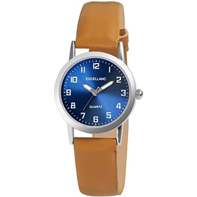 Excellanc 1900290 Montre pour femme en cuir synthétique avec boucle ardillon et aiguilles lumineuses à quartz analogiques, Marron/bleu., Classique Excellanc 1900290 Montre pour femme en cuir synthétique avec boucle ardillon et aiguilles lumineuses à quartz analogiques, Marron/bleu., Classique