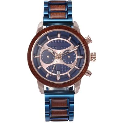 RORIOS Montre Bois Hommes Quartz Montre Chronographe Montre Bois Vintage Multifonctions Bois de Montres Naturel étanche Montre pour Hommes, Rose Or Bleu, bracelet RORIOS Montre Bois Hommes Quartz Montre Chronographe Montre Bois Vintage Multifonctions Bois de Montres Naturel étanche Montre pour Hommes, Rose Or Bleu, bracelet