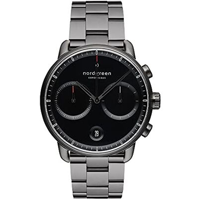 Nordgreen Pioneer Montre Chronographe pour Hommes Cadran Noir Watch Gris Métallisé 42mm et Bracelets Interchangeables, Bracelet À 5 Maillons Gris Métallisé, 42mm, bracelet Nordgreen Pioneer Montre Chronographe pour Hommes Cadran Noir Watch Gris Métallisé 42mm et Bracelets Interchangeables, Bracelet À 5 Maillons Gris Métallisé, 42mm, bracelet