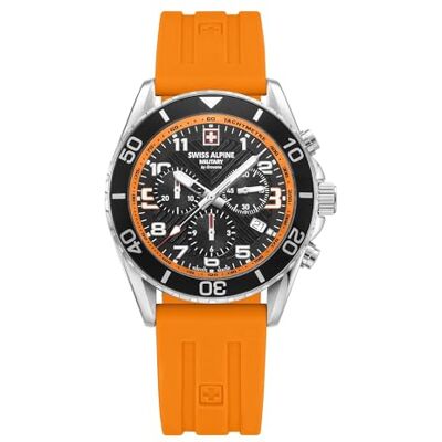 Alpine 7029.9 Montre chronographe à quartz analogique en silicone pour homme, Acier/silicone/orange 9839sam, bracelet Alpine 7029.9 Montre chronographe à quartz analogique en silicone pour homme, Acier/silicone/orange 9839sam, bracelet