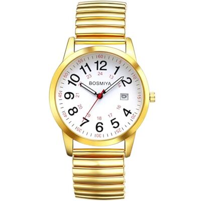 JewelryWe Montre pour homme bracelet élastique Montre : hommes femmes calendrier analogique quartz montre bracelet or acier inoxydable bracelet extensible unisexe montre senior avec grands chiffres JewelryWe Montre pour homme bracelet élastique Montre : hommes femmes calendrier analogique quartz montre bracelet or acier inoxydable bracelet extensible unisexe montre senior avec grands chiffres