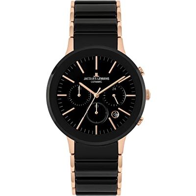 JACQUES LEMANS Montre à quartz analogique pour homme avec bracelet en acier inoxydable 1-1854C, Or rose/noir., Bracelet JACQUES LEMANS Montre à quartz analogique pour homme avec bracelet en acier inoxydable 1-1854C, Or rose/noir., Bracelet