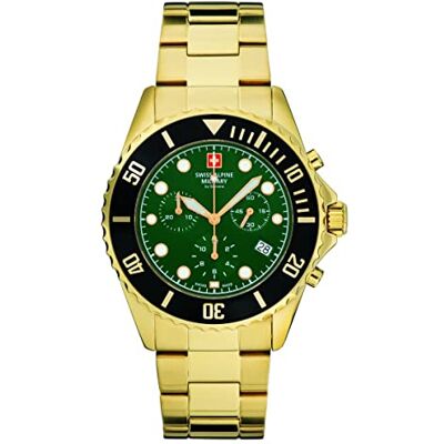 Alpine 7053.9 Montre chronographe à quartz analogique en acier inoxydable pour homme, Or/noir/vert 9114sam, Bracelet Alpine 7053.9 Montre chronographe à quartz analogique en acier inoxydable pour homme, Or/noir/vert 9114sam, Bracelet