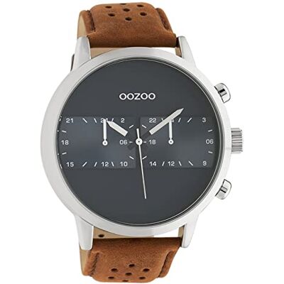 Oozoo Montre pour homme au look racing avec bracelet en cuir 48 mm, C10673 bleu/marron, extra groß, sangle Oozoo Montre pour homme au look racing avec bracelet en cuir 48 mm, C10673 bleu/marron, extra groß, sangle