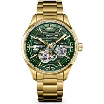 Rotary Greenwich Montre squelette automatique étanche jusqu'à 100 m Cadran vert Bracelet en acier inoxydable plaqué or Rotary Greenwich Montre squelette automatique étanche jusqu'à 100 m Cadran vert Bracelet en acier inoxydable plaqué or