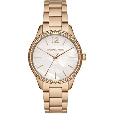 Michael Kors Layton montre pour femmes, mouvement à quartz avec bracelet en acier inoxydable ou en cuir, Ton or et blanc Michael Kors Layton montre pour femmes, mouvement à quartz avec bracelet en acier inoxydable ou en cuir, Ton or et blanc