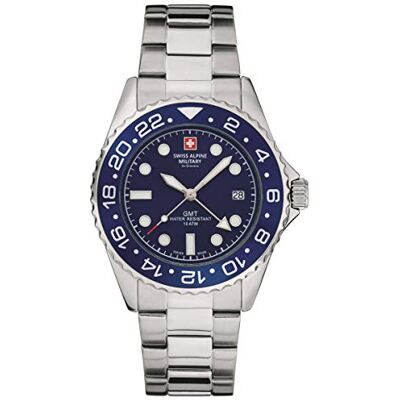 Alpine GMT 7052 Montre analogique à Quartz en Acier Inoxydable pour Homme, Acier/Bleu/Bleu 1135sam, Bracelet Alpine GMT 7052 Montre analogique à Quartz en Acier Inoxydable pour Homme, Acier/Bleu/Bleu 1135sam, Bracelet