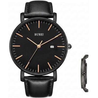 BUREI Montres-Bracelets pour Hommes, Montres à Quartz analogiques minimalistes pour Hommes avec Bracelet en Cuir, Cadeaux pour Hommes., Or Noir, sangle BUREI Montres-Bracelets pour Hommes, Montres à Quartz analogiques minimalistes pour Hommes avec Bracelet en Cuir, Cadeaux pour Hommes., Or Noir, sangle