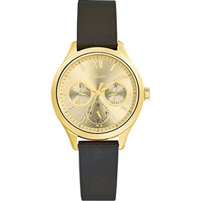 s.Oliver Montre analogique multifonction pour femme avec bracelet en cuir, couleur or, étanche jusqu'à 5 bars, livrée dans un coffret cadeau, 2034606 s.Oliver Montre analogique multifonction pour femme avec bracelet en cuir, couleur or, étanche jusqu'à 5 bars, livrée dans un coffret cadeau, 2034606