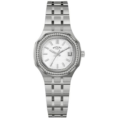 Rotary Montre bracelet en acier inoxydable avec cadran blanc brillant pour femme Rotary Montre bracelet en acier inoxydable avec cadran blanc brillant pour femme