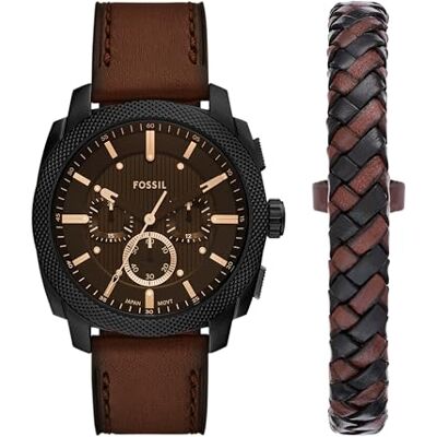 Fossil Montre chronographe pour homme en acier inoxydable et cuir marron/noir, 44 mm, moderne, Coffret cadeau en cuir marron/noir, 44mm, Moderne Fossil Montre chronographe pour homme en acier inoxydable et cuir marron/noir, 44 mm, moderne, Coffret cadeau en cuir marron/noir, 44mm, Moderne