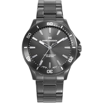 Mark Maddox HM1026-17 Montre homme analogique trois aiguilles 43 mm, acier IP noir, cadran gris, bracelet métallique, WR 100 m Mark Maddox HM1026-17 Montre homme analogique trois aiguilles 43 mm, acier IP noir, cadran gris, bracelet métallique, WR 100 m