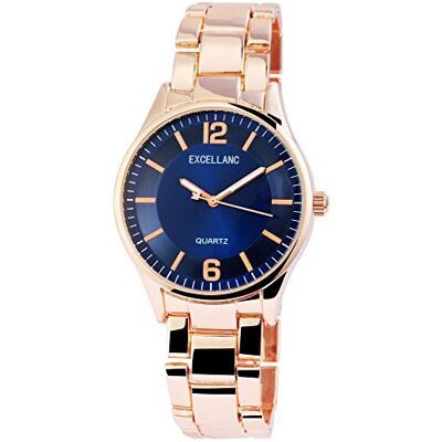 Excellanc Montre pour femme Métal Aiguilles luminescentes Analogiques Quartz 1800130, Or rose/bleu foncé, Bracelet Excellanc Montre pour femme Métal Aiguilles luminescentes Analogiques Quartz 1800130, Or rose/bleu foncé, Bracelet