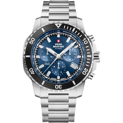 Swiss Military by Chrono SMS34113.02 Montre solaire chronographe à quartz pour homme avec bracelet en acier inoxydable Bleu Swiss Military by Chrono SMS34113.02 Montre solaire chronographe à quartz pour homme avec bracelet en acier inoxydable Bleu