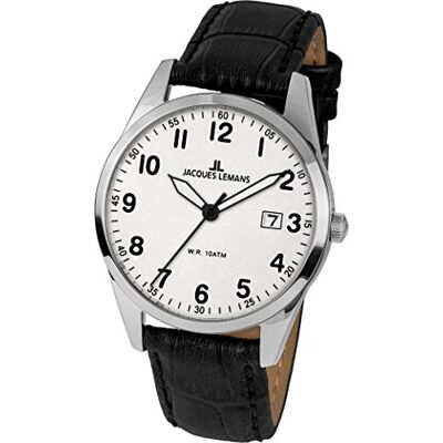 JACQUES LEMANS Montre pour homme en cuir massif en acier inoxydable 1-2002B, noir, sangle JACQUES LEMANS Montre pour homme en cuir massif en acier inoxydable 1-2002B, noir, sangle