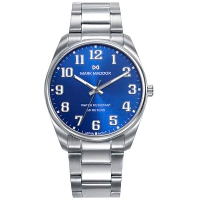Mark Maddox HM1029-35 Montre homme analogique trois aiguilles 41 mm, boîtier et bracelet en acier, cadran bleu avec chiffres arabes, WR 50 m Mark Maddox HM1029-35 Montre homme analogique trois aiguilles 41 mm, boîtier et bracelet en acier, cadran bleu avec chiffres arabes, WR 50 m