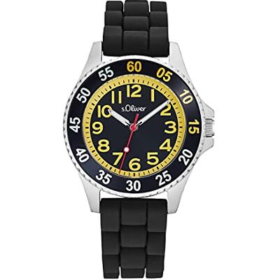 s.Oliver Montre analogique à quartz pour garçon avec bracelet en silicone, noire, étanche jusqu'à 3 bars, livrée dans un coffret cadeau, 2033507 s.Oliver Montre analogique à quartz pour garçon avec bracelet en silicone, noire, étanche jusqu'à 3 bars, livrée dans un coffret cadeau, 2033507
