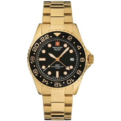 Alpine GMT 7052 Montre à quartz analogique pour homme en acier inoxydable, Or/noir/noir 1117sam, Bracelet Alpine GMT 7052 Montre à quartz analogique pour homme en acier inoxydable, Or/noir/noir 1117sam, Bracelet
