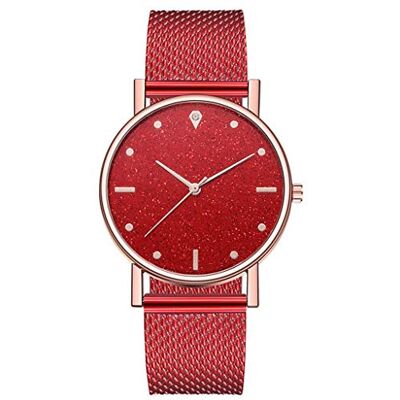 INGRAX Montres Simple Luxe Dames Montre Romantique Ciel Étoilé Cadran Maille Montre Femmes Quartz Montres Femme Bracele Montres, Red, bracelet INGRAX Montres Simple Luxe Dames Montre Romantique Ciel Étoilé Cadran Maille Montre Femmes Quartz Montres Femme Bracele Montres, Red, bracelet