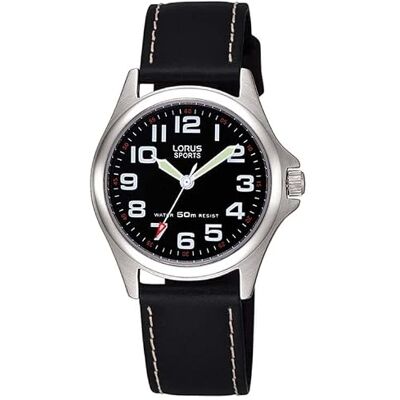 Lorus Montre de sport, cadran noir, étanche à 50 m, aiguilles lumineuses, bracelet en cuir Lorus Montre de sport, cadran noir, étanche à 50 m, aiguilles lumineuses, bracelet en cuir