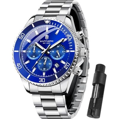 SAPPHERO Montre chronographe à quartz analogique pour homme Étanche jusqu'à 50 m Mode décontractée Avec calendrier Bracelet en acier inoxydable Cadeau pour homme, Argenté/bleu., Classique SAPPHERO Montre chronographe à quartz analogique pour homme Étanche jusqu'à 50 m Mode décontractée Avec calendrier Bracelet en acier inoxydable Cadeau pour homme, Argenté/bleu., Classique