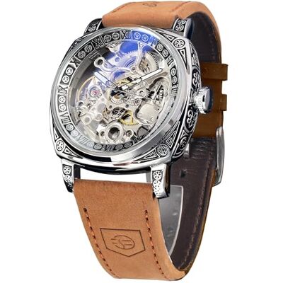 FORSINING Montres de luxe pour homme, carré, rétro mécanique, coupe-vent, mouvement à engrenages squelette doré Montres automatiques Bracelet en cuir Vintage Montre de poignet, argent métallique FORSINING Montres de luxe pour homme, carré, rétro mécanique, coupe-vent, mouvement à engrenages squelette doré Montres automatiques Bracelet en cuir Vintage Montre de poignet, argent métallique