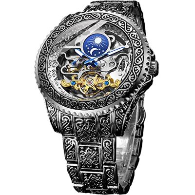 FORSINING Montre rétro pour homme sculptée à remontage automatique Tourbillon Phase de lune Secondes indépendantes Squelette automatique Grand cadran, Argenté., Sangle FORSINING Montre rétro pour homme sculptée à remontage automatique Tourbillon Phase de lune Secondes indépendantes Squelette automatique Grand cadran, Argenté., Sangle